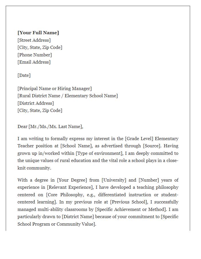 Rural District Elementary School Teacher Cover Letter Template