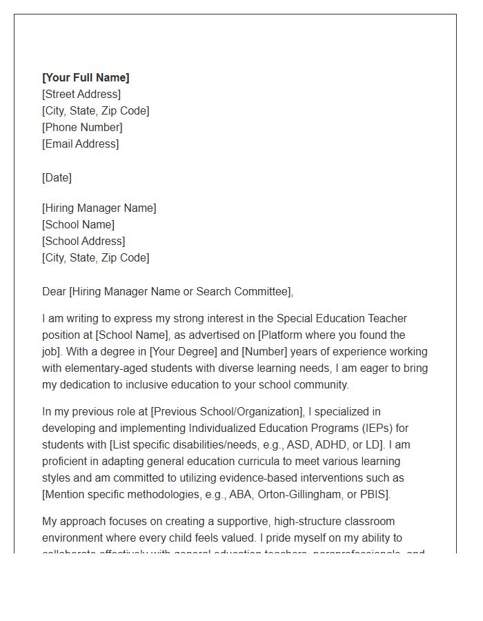 Special Education Elementary School Teacher Cover Letter Template
