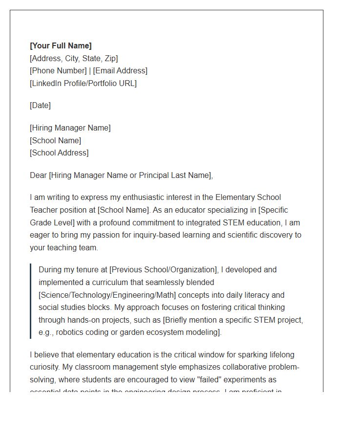 STEM Focused Elementary School Teacher Cover Letter Template