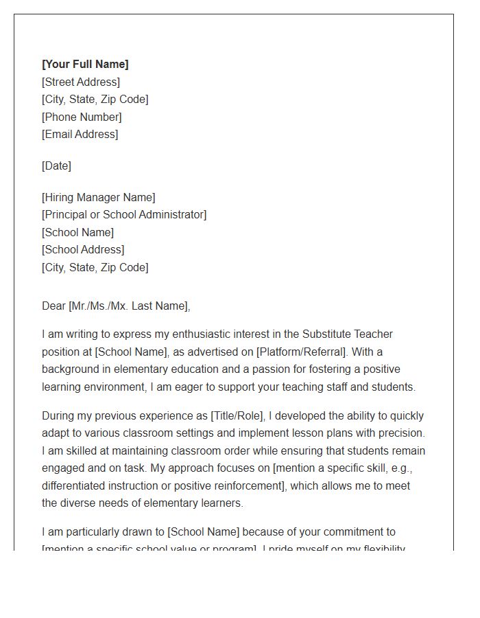 Substitute Elementary School Teacher Cover Letter Template