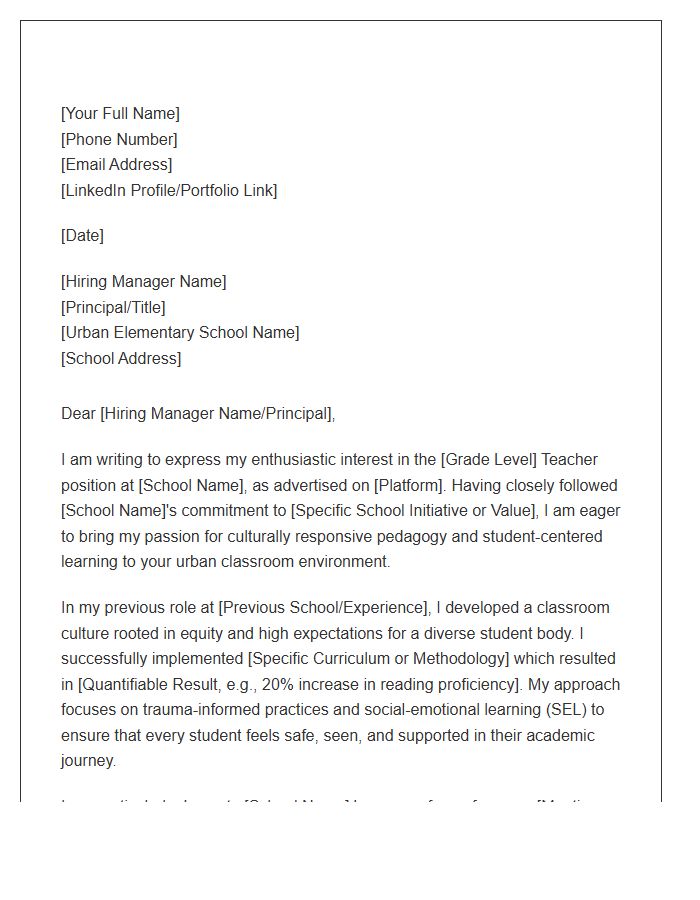 Urban Elementary School Teacher Cover Letter Template