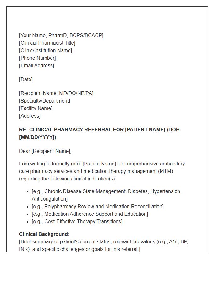 Ambulatory Care Pharmacist Professional Referral Cover Letter Template