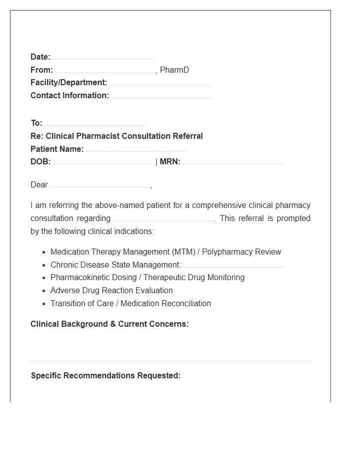Clinical Pharmacist Professional Referral Cover Letter Template