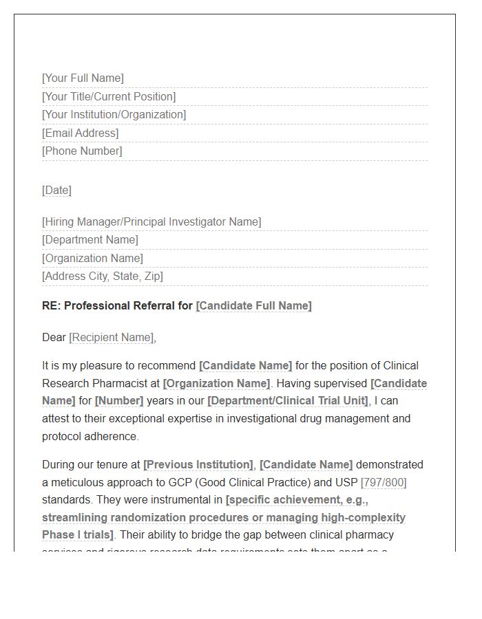 Clinical Research Pharmacist Professional Referral Cover Letter Template