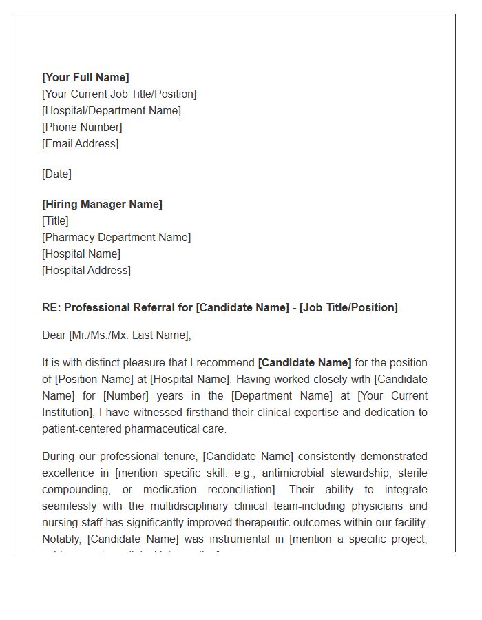 Hospital Pharmacist Professional Referral Cover Letter Template