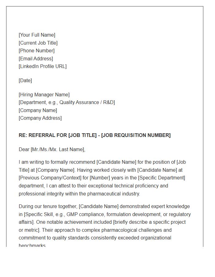 Industrial Pharmacist Professional Referral Cover Letter Template
