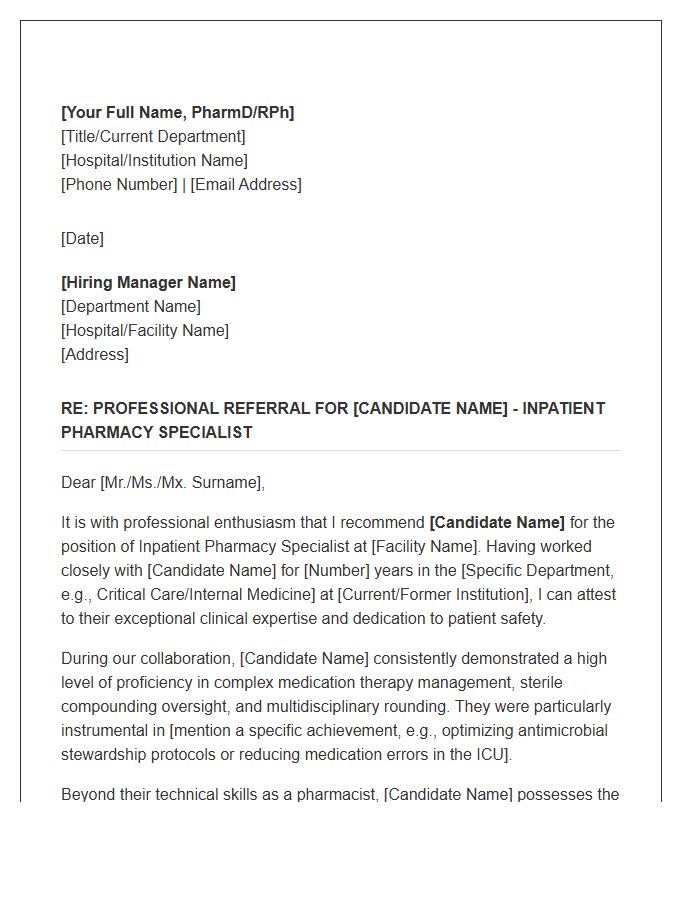Inpatient Pharmacy Specialist Professional Referral Cover Letter Template