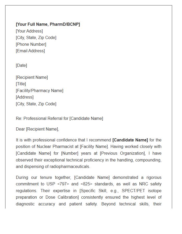 Nuclear Pharmacist Professional Referral Cover Letter Template
