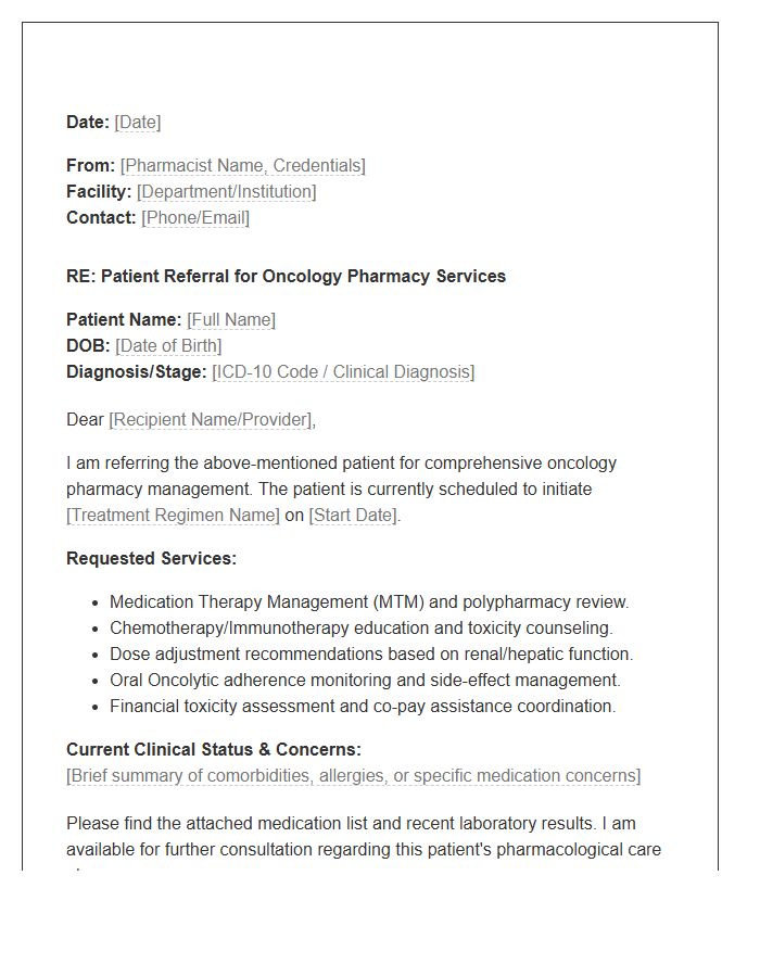Oncology Pharmacist Professional Referral Cover Letter Template
