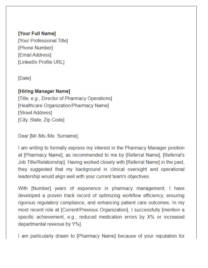 Pharmacy Manager Professional Referral Cover Letter Template