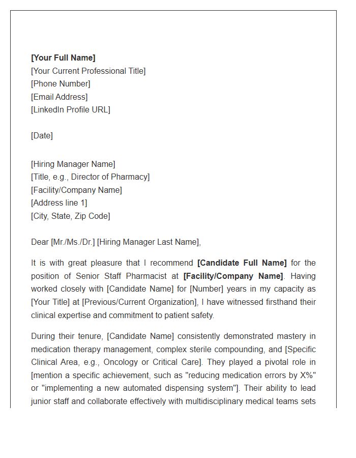 Senior Staff Pharmacist Professional Referral Cover Letter Template