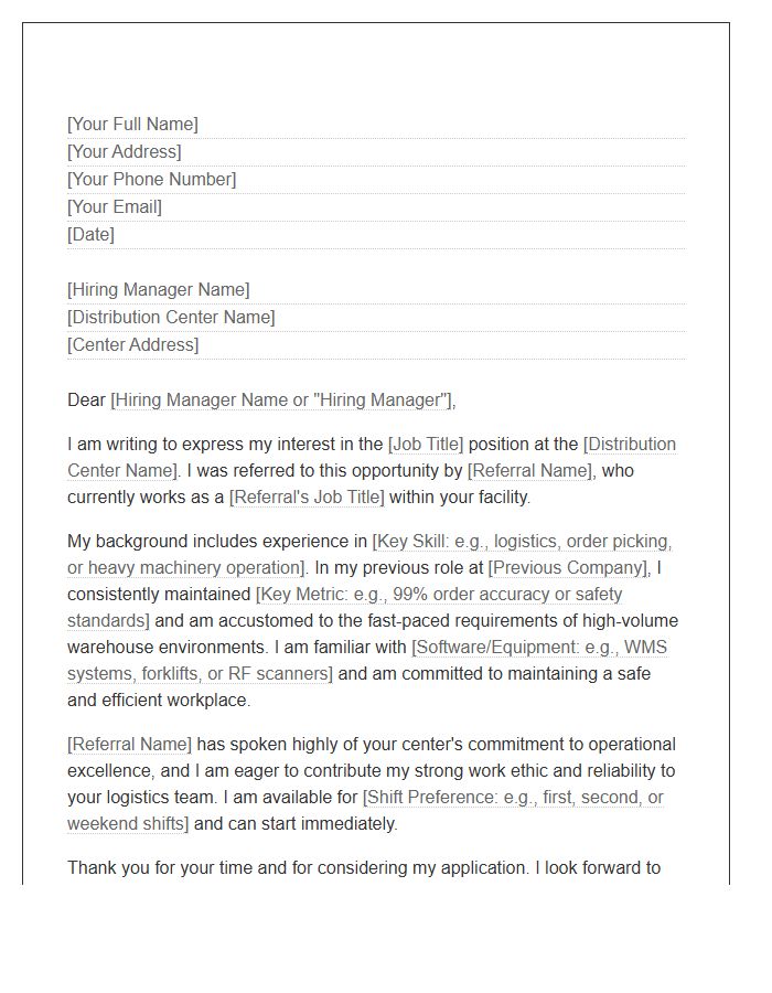Distribution Center Referral Cover Letter Template