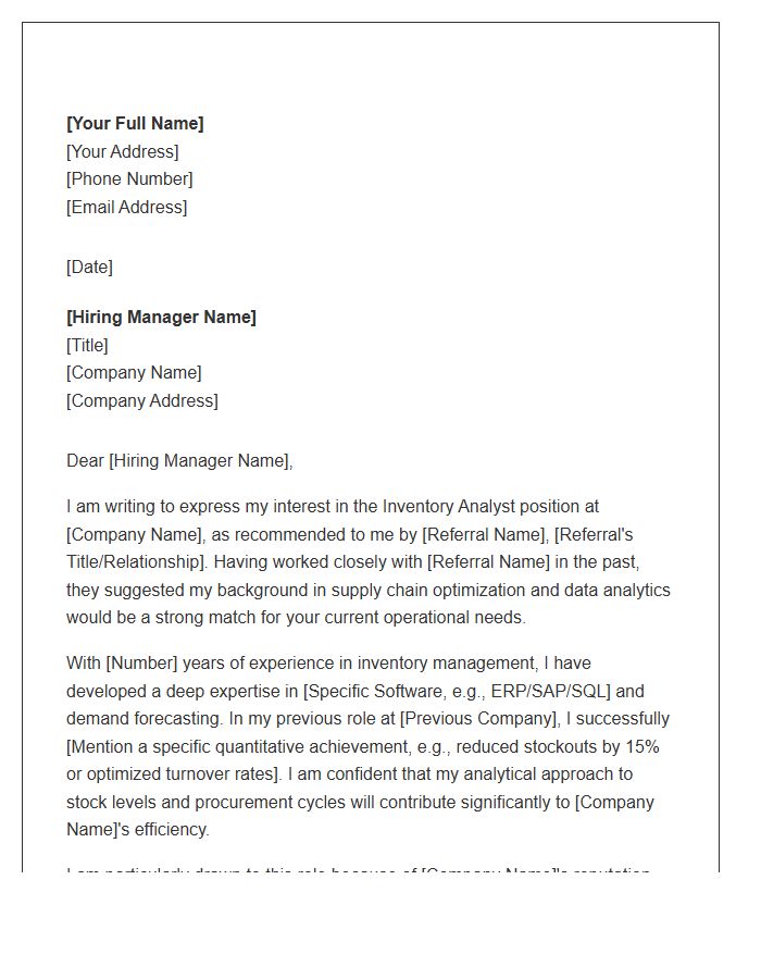 Inventory Analyst Referral Cover Letter Template