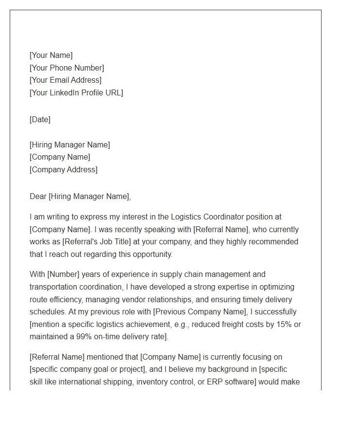 Logistics Coordinator Referral Cover Letter Template