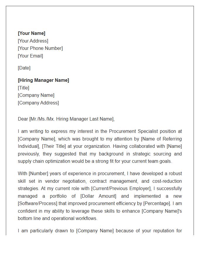 Procurement Specialist Referral Cover Letter Template