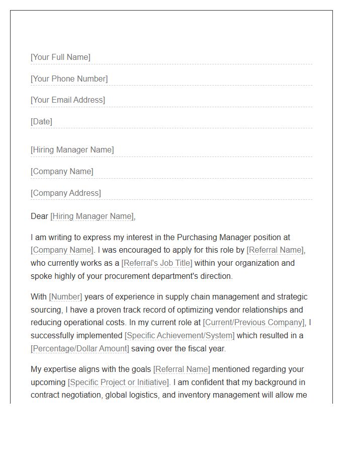 Purchasing Manager Referral Cover Letter Template
