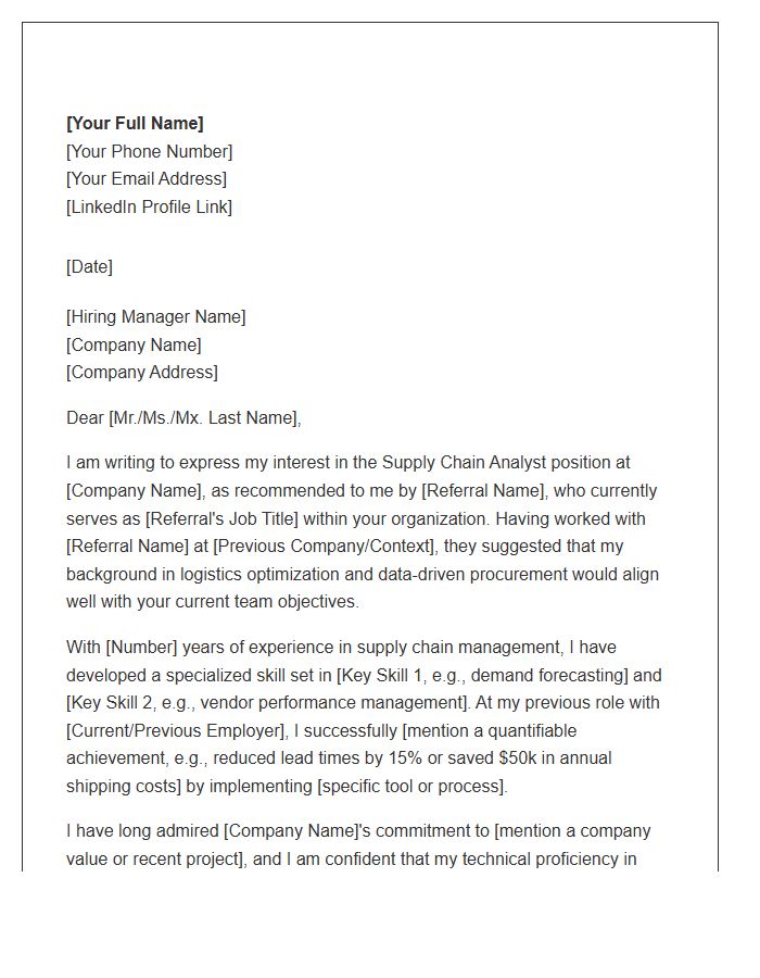 Supply Chain Analyst Referral Cover Letter Template