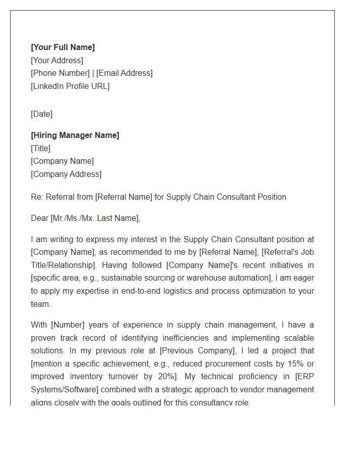 Supply Chain Consultant Referral Cover Letter Template