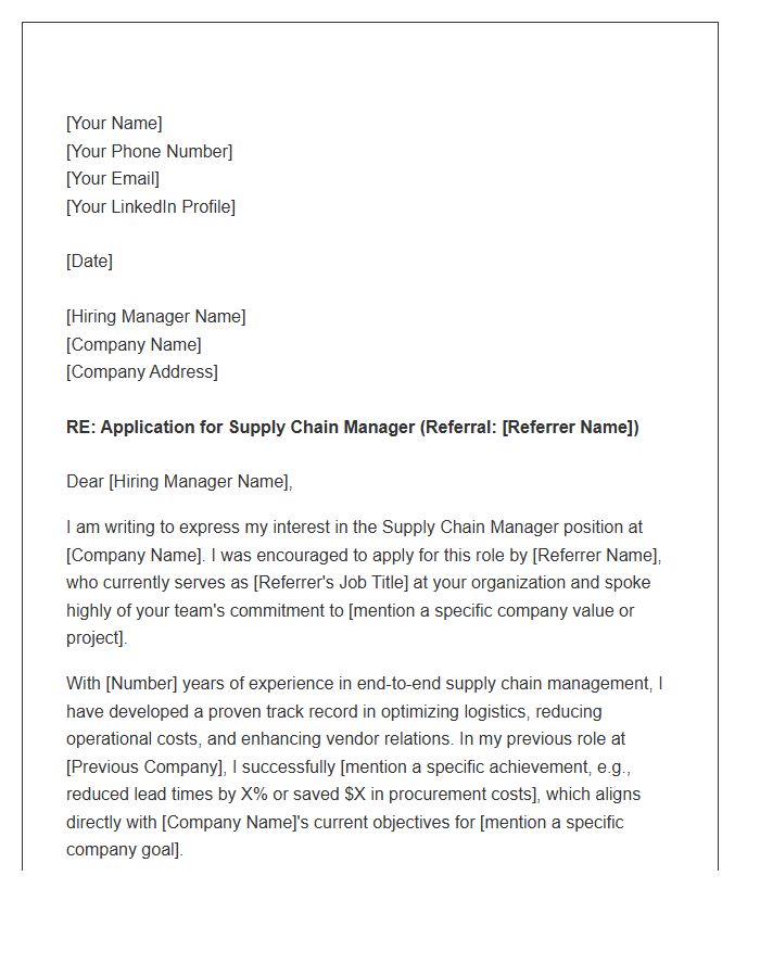Supply Chain Manager Referral Cover Letter Template