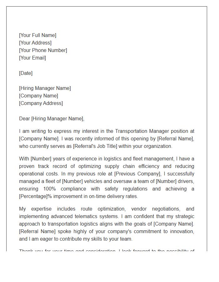 Transportation Manager Referral Cover Letter Template