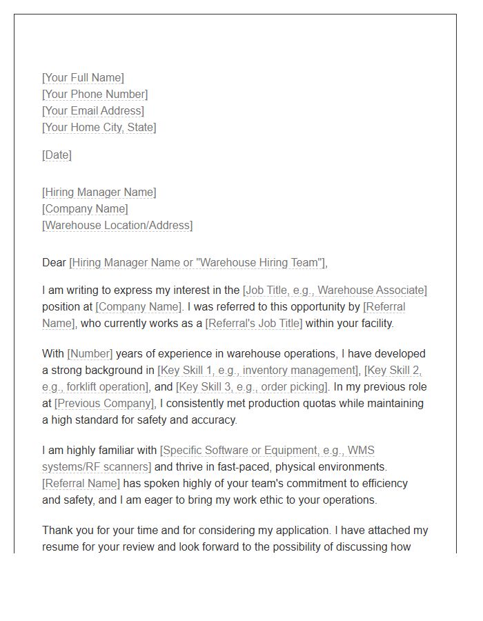 Warehouse Operations Referral Cover Letter Template