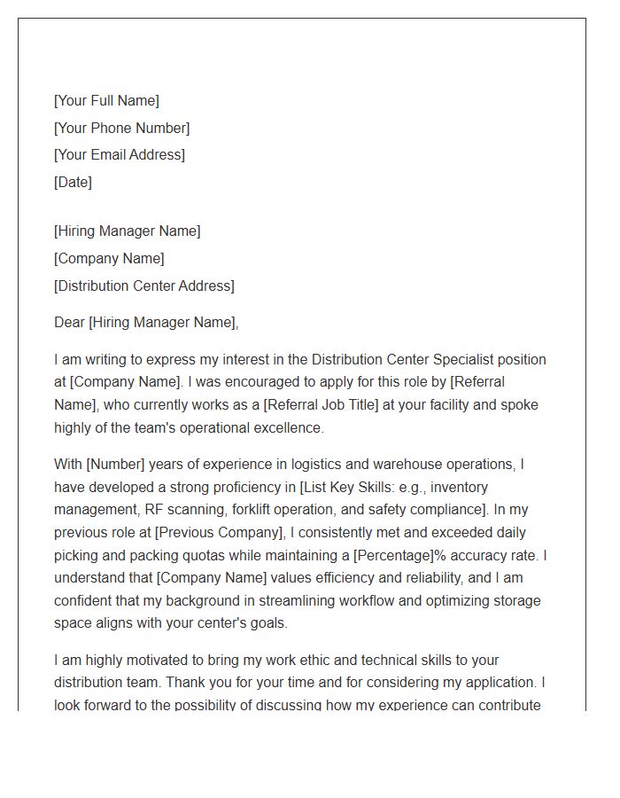 Distribution Center Specialist Referral Cover Letter Template