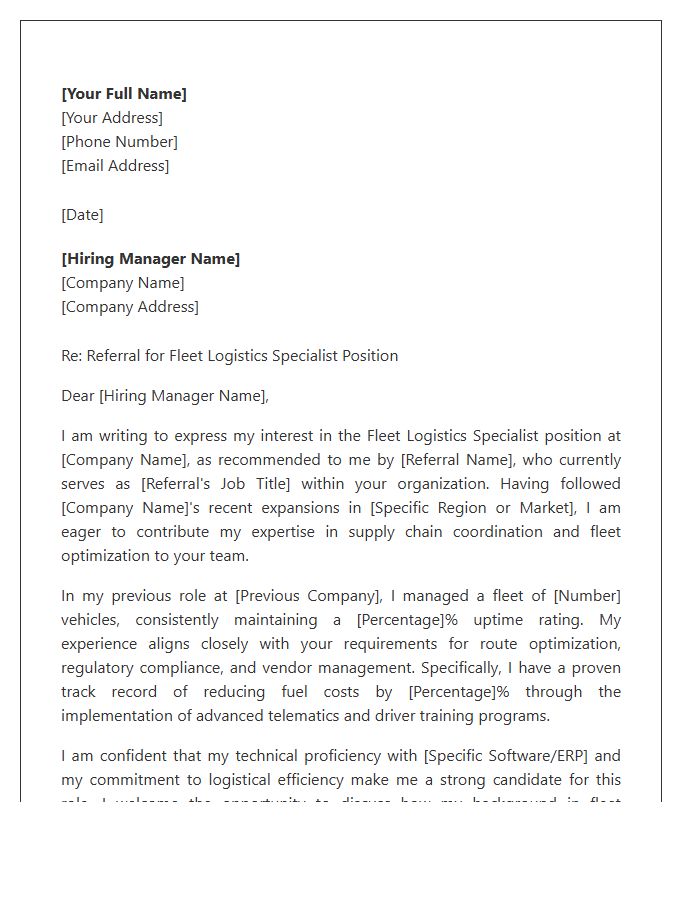 Fleet Logistics Specialist Referral Cover Letter Template