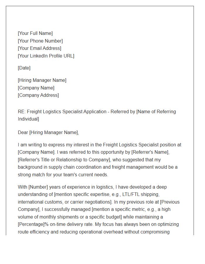 Freight Logistics Specialist Referral Cover Letter Template