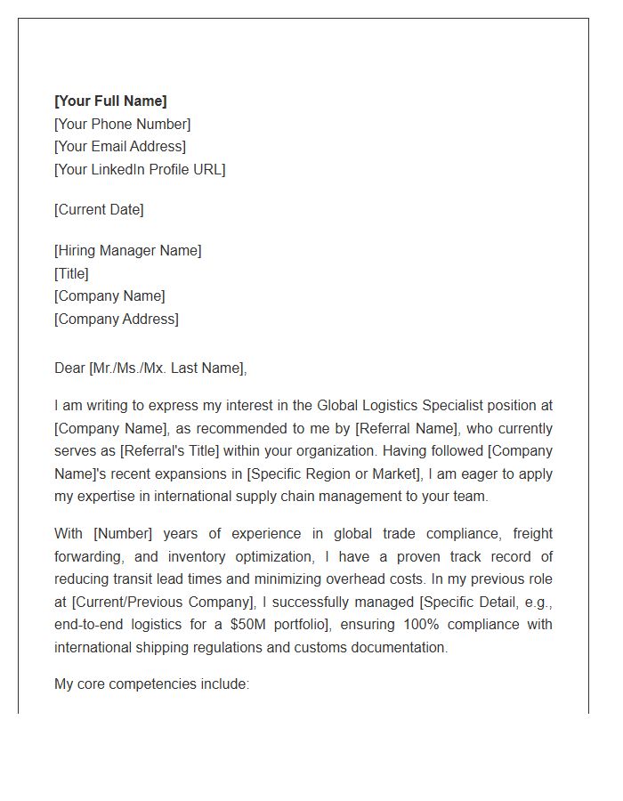 Global Logistics Specialist Referral Cover Letter Template
