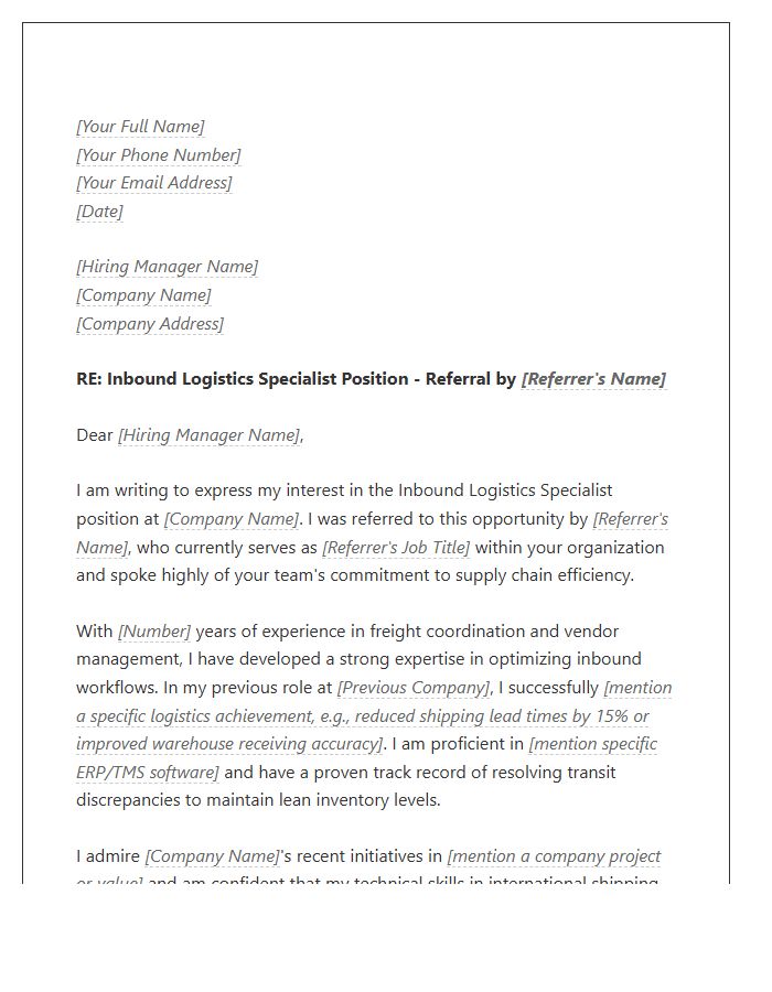 Inbound Logistics Specialist Referral Cover Letter Template