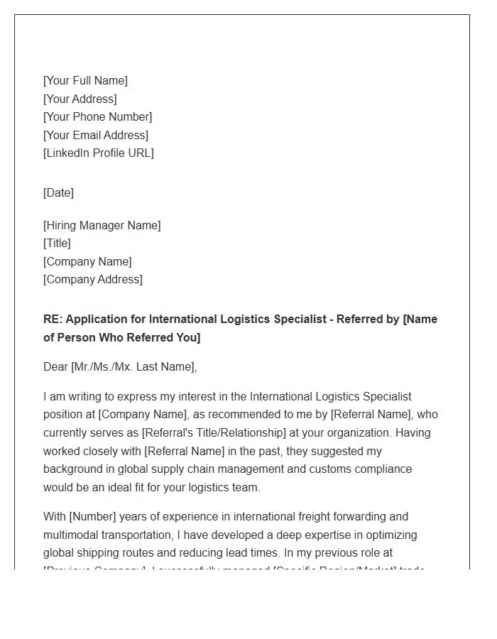 International Logistics Specialist Referral Cover Letter Template