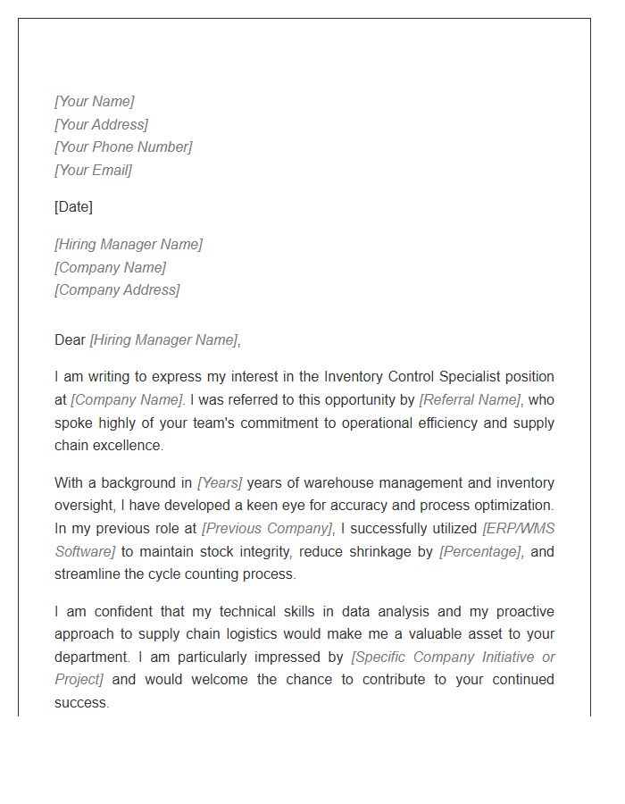 Inventory Control Specialist Referral Cover Letter Template