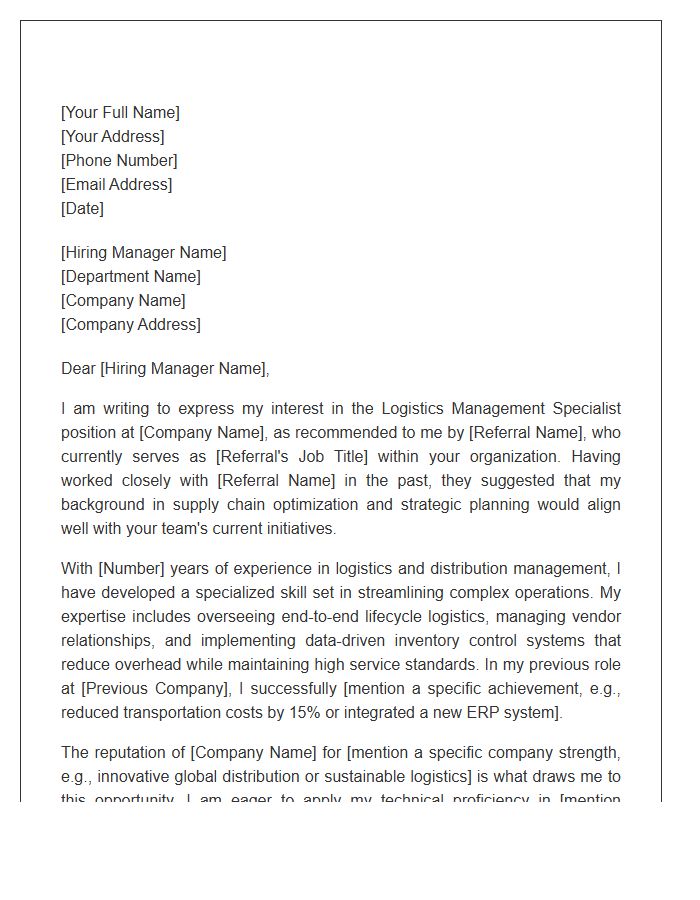 Logistics Management Specialist Referral Cover Letter Template