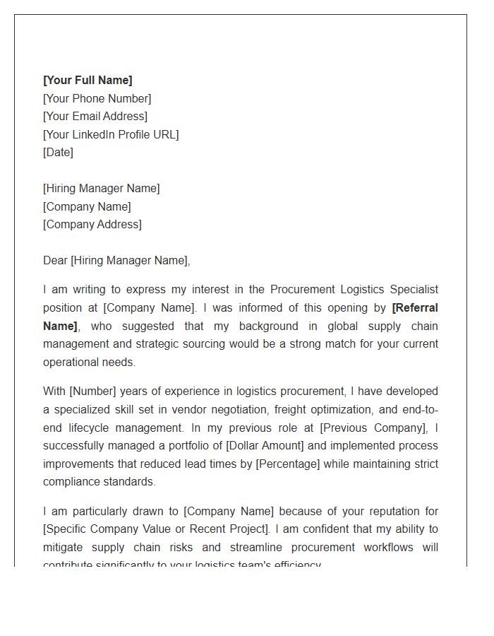 Procurement Logistics Specialist Referral Cover Letter Template