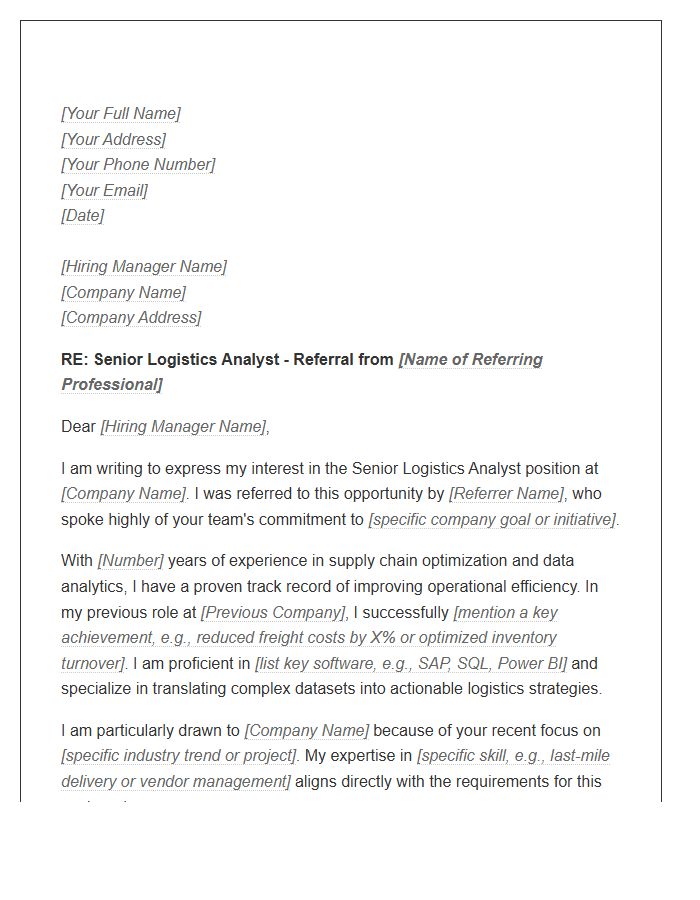 Senior Logistics Analyst Referral Cover Letter Template
