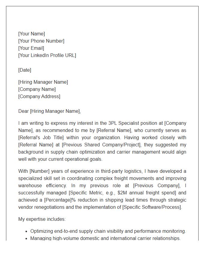 Third Party Logistics Specialist Referral Cover Letter Template