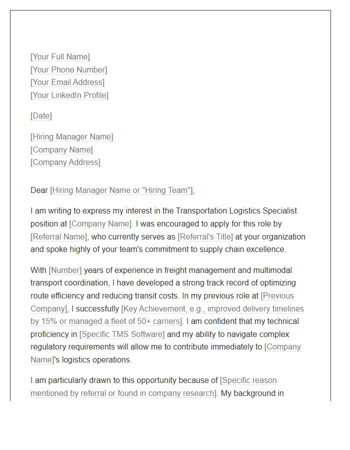 Transportation Logistics Specialist Referral Cover Letter Template