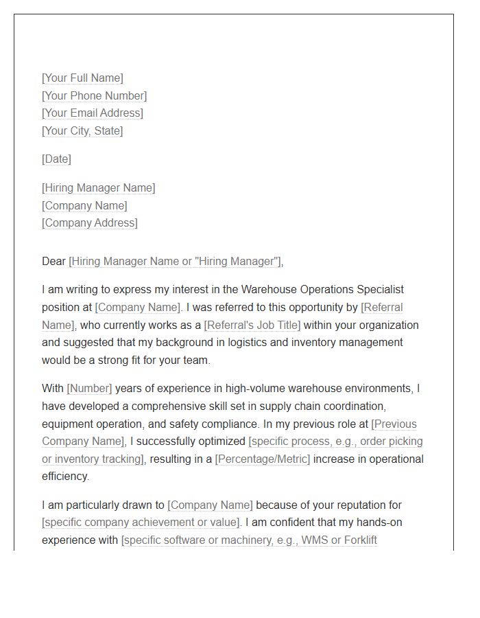 Warehouse Operations Specialist Referral Cover Letter Template