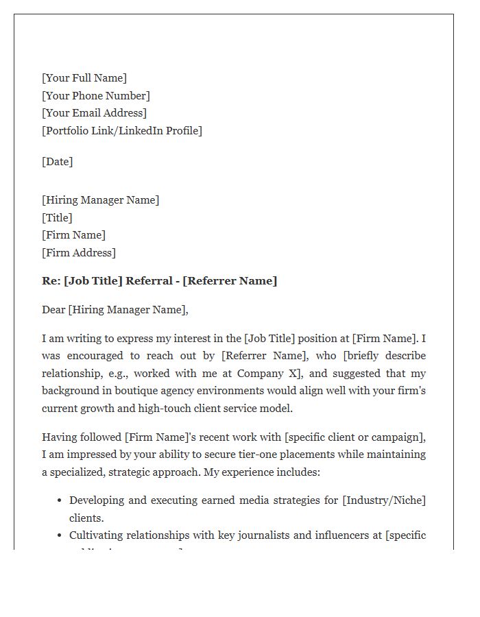 Boutique PR Firm Referral Cover Letter Template