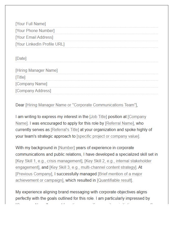 Corporate Communications Referral Cover Letter Template