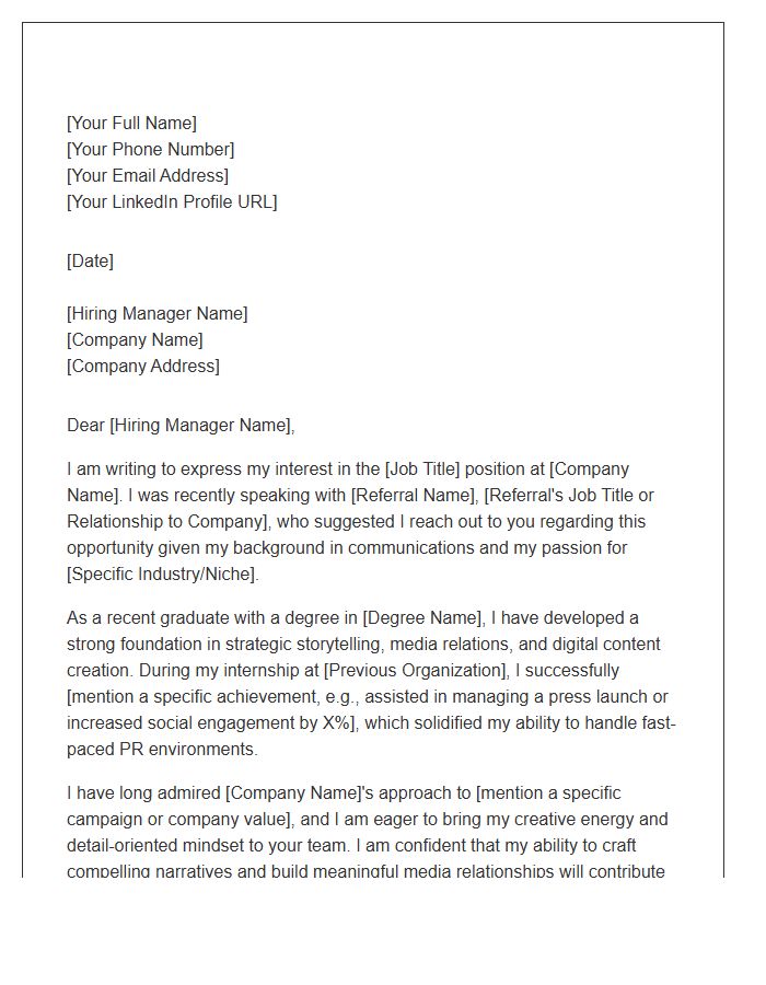Entry Level Public Relations Referral Cover Letter Template