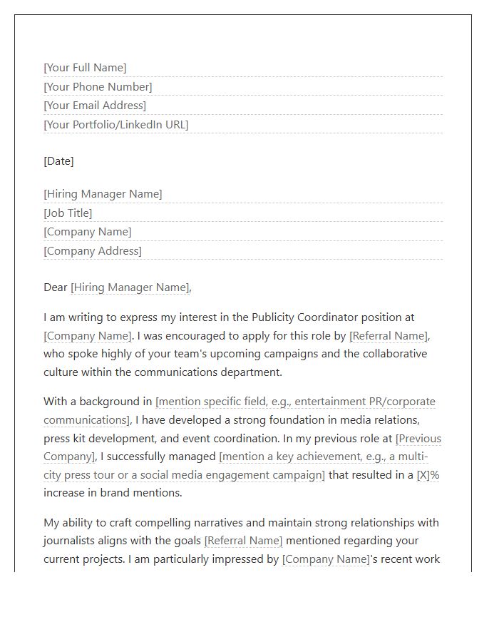 Publicity Coordinator Referral Cover Letter Template