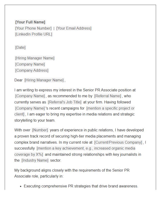 Senior PR Associate Referral Cover Letter Template