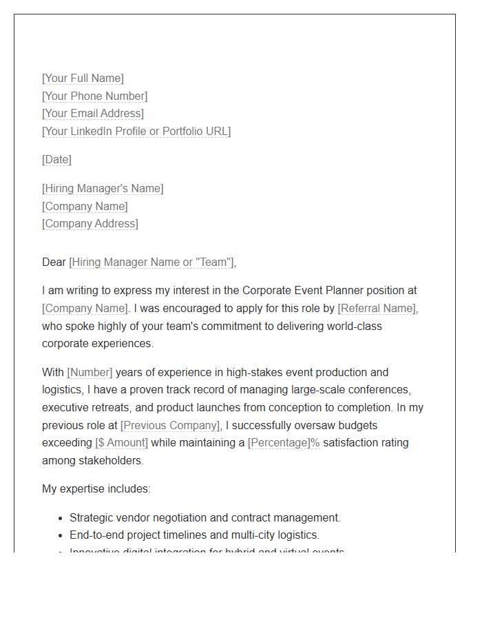 Corporate Event Planner Referral Cover Letter Template
