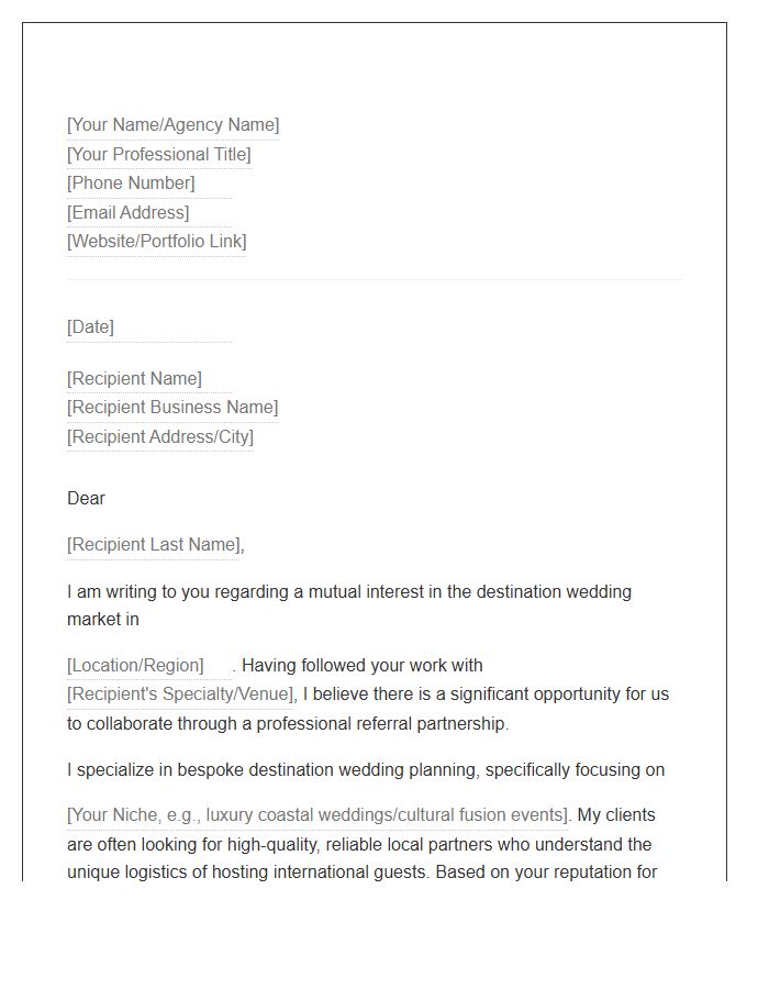 Destination Wedding Planner Referral Cover Letter Template