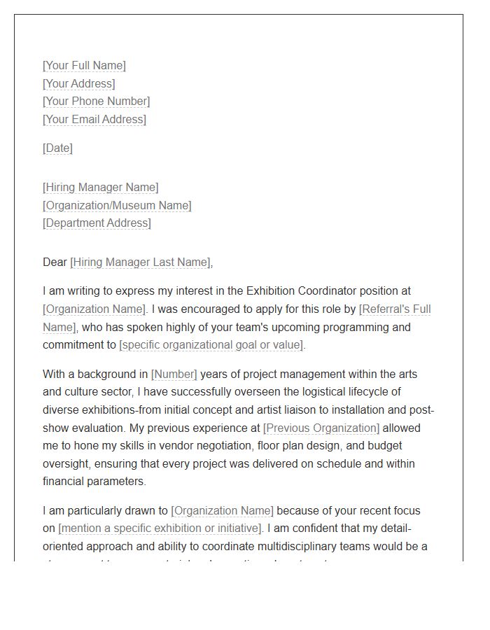 Exhibition Coordinator Referral Cover Letter Template