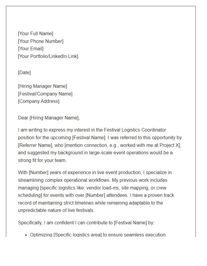 Festival Logistics Coordinator Referral Cover Letter Template