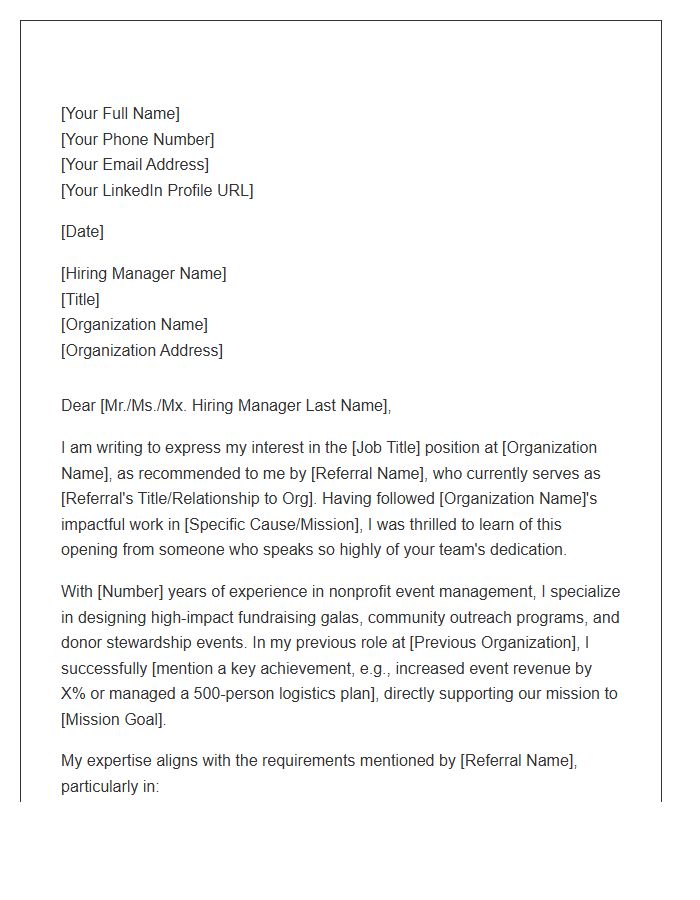 Nonprofit Event Manager Referral Cover Letter Template