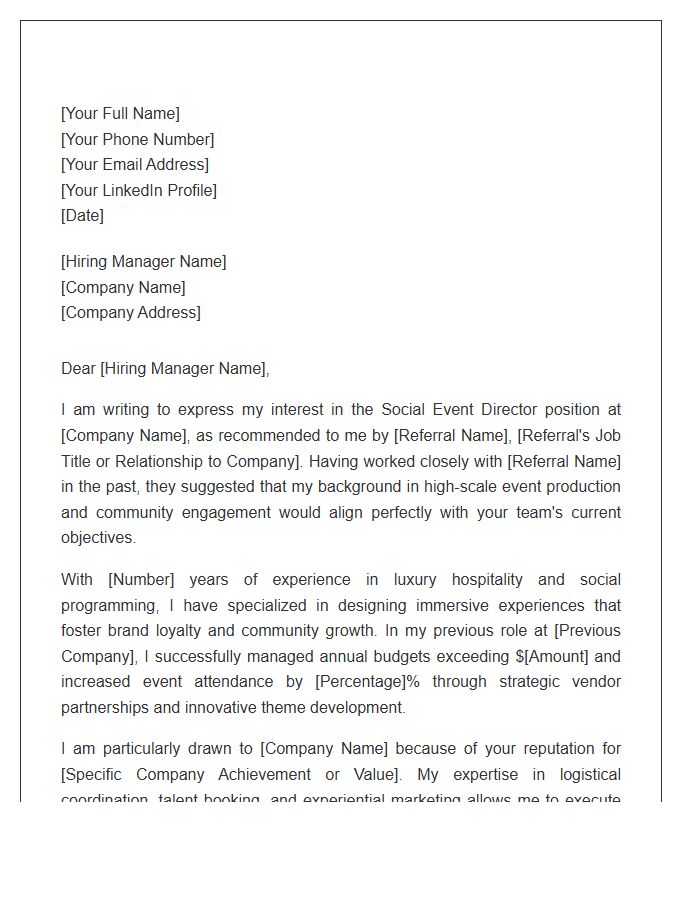 Social Event Director Referral Cover Letter Template