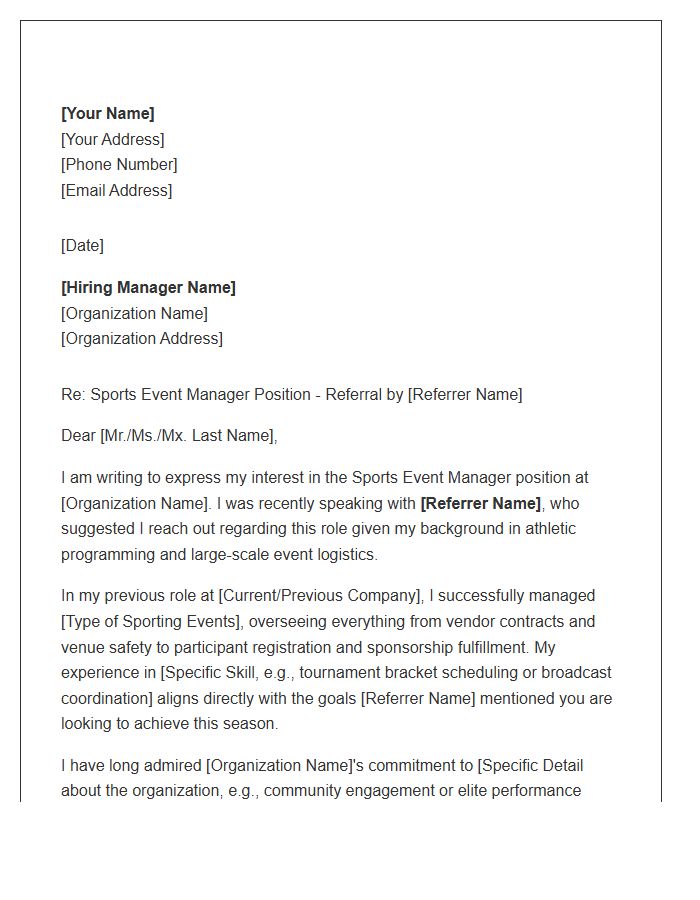 Sports Event Manager Referral Cover Letter Template